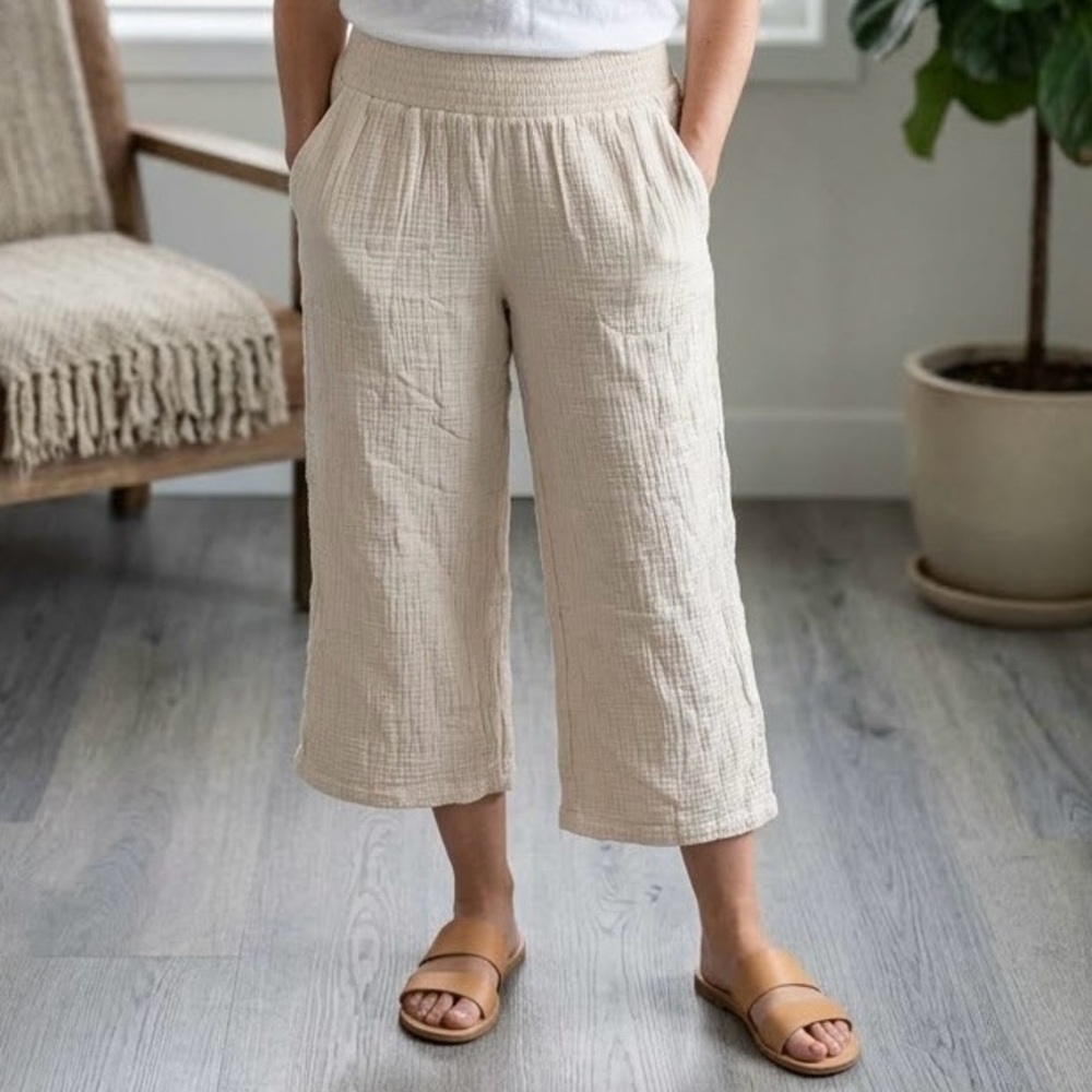 Cleo Petites Cream Gauze Crinkle Cotton Capris Lagenlook Quite Luxury Boho Chic